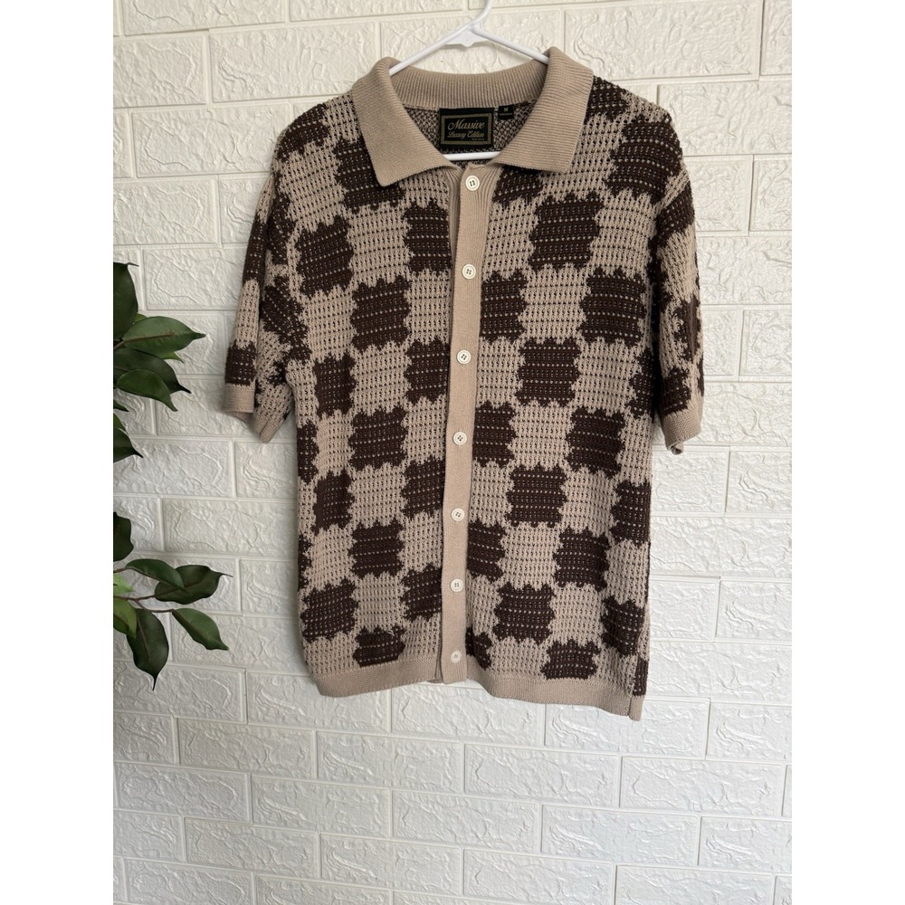 Massive Luxury Edition Mens Brown Check Knit Short Sleeve Button Up Shirt Size M
